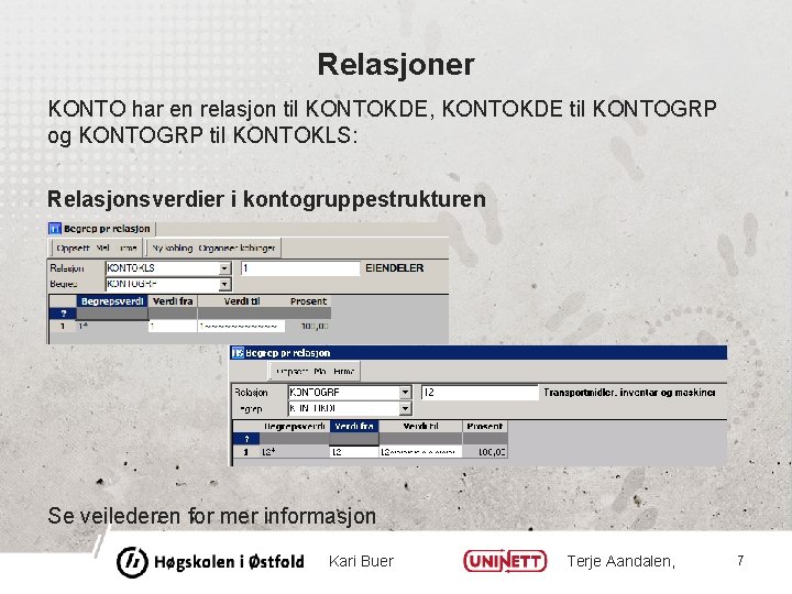 Relasjoner KONTO har en relasjon til KONTOKDE, KONTOKDE til KONTOGRP og KONTOGRP til KONTOKLS: