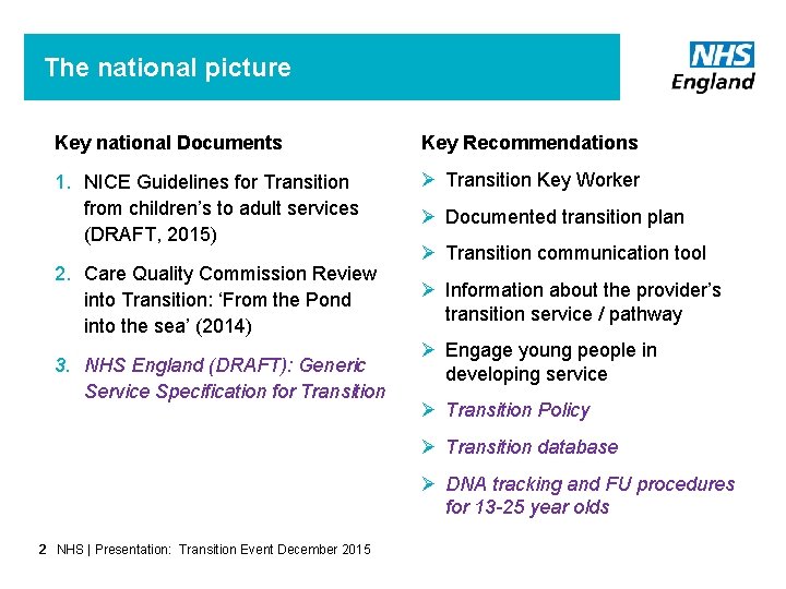 The national picture Key national Documents Key Recommendations 1. NICE Guidelines for Transition from