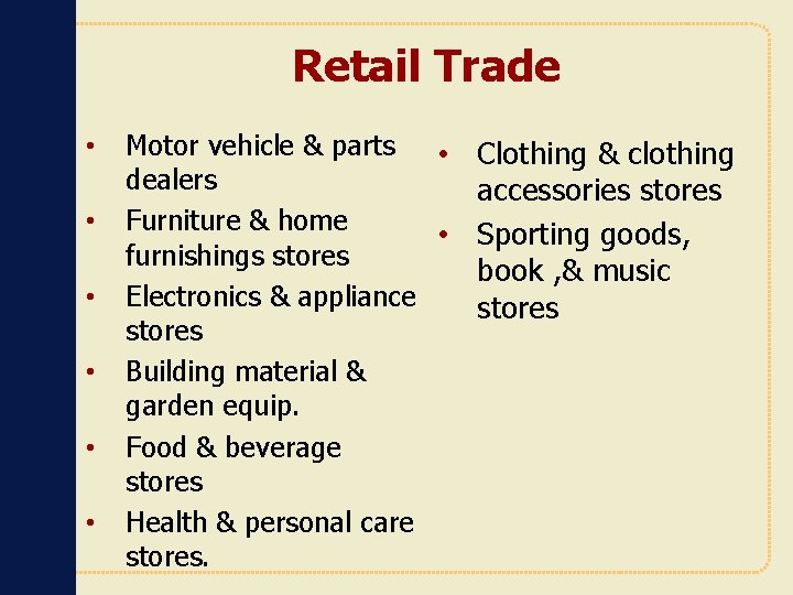 Retail Trade • • • Motor vehicle & parts • dealers Furniture & home