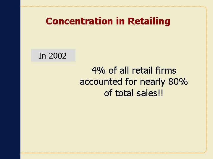 Concentration in Retailing In 2002 4% of all retail firms accounted for nearly 80%