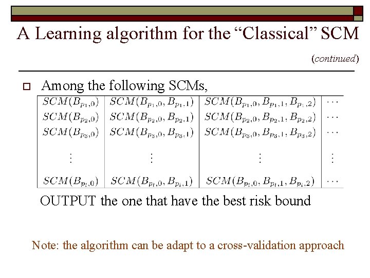 A Learning algorithm for the “Classical” SCM (continued) o Among the following SCMs, OUTPUT
