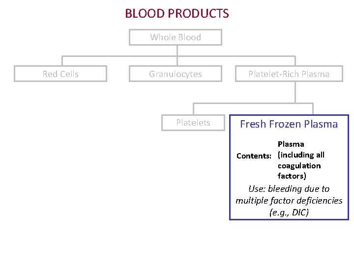 BLOOD PRODUCTS Whole Blood Red Cells Granulocytes Platelet-Rich Plasma Fresh Frozen Plasma Contents: (including