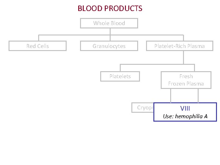 BLOOD PRODUCTS Whole Blood Red Cells Granulocytes Platelet-Rich Plasma Fresh Frozen Plasma Cryoprecipitate VIII