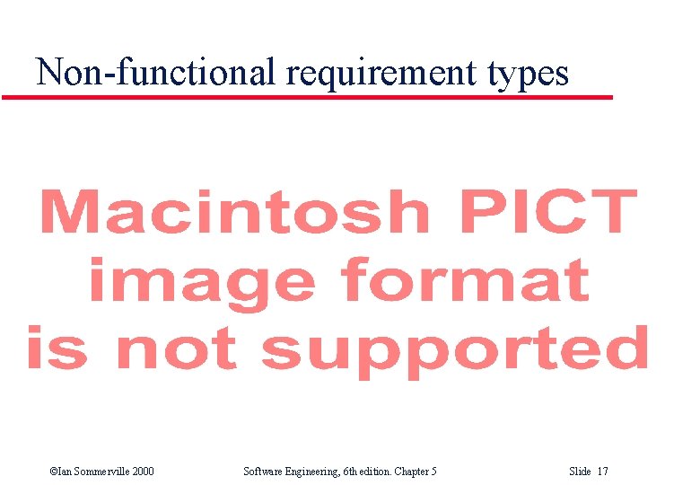 Non-functional requirement types ©Ian Sommerville 2000 Software Engineering, 6 th edition. Chapter 5 Slide