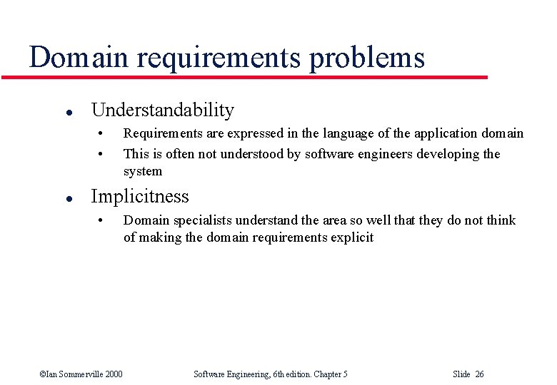 Domain requirements problems l Understandability • • l Requirements are expressed in the language