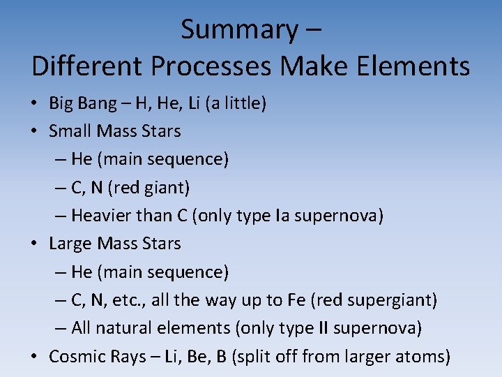 Summary – Different Processes Make Elements • Big Bang – H, He, Li (a