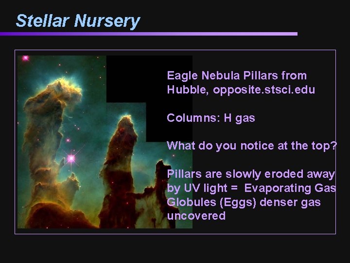 Stellar Nursery Eagle Nebula Pillars from Hubble, opposite. stsci. edu Columns: H gas What