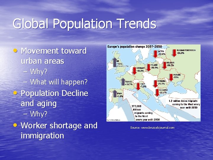 Global Population Trends • Movement toward urban areas – Why? – What will happen?