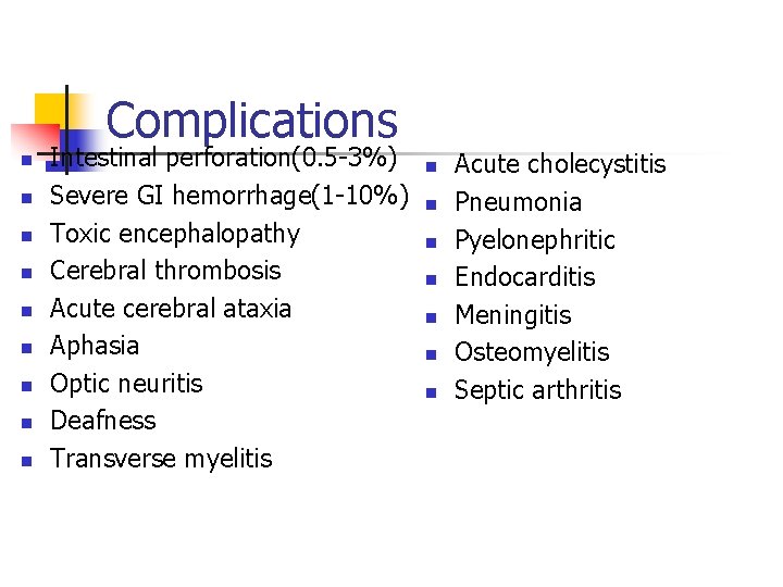Complications n n n n n Intestinal perforation(0. 5 -3%) Severe GI hemorrhage(1 -10%) Complications n n n n n Intestinal perforation(0. 5 -3%) Severe GI hemorrhage(1 -10%)