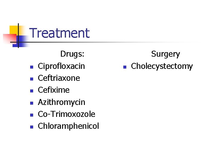 Treatment n n n Drugs: Ciprofloxacin Ceftriaxone Cefixime Azithromycin Co-Trimoxozole Chloramphenicol n Surgery Cholecystectomy Treatment n n n Drugs: Ciprofloxacin Ceftriaxone Cefixime Azithromycin Co-Trimoxozole Chloramphenicol n Surgery Cholecystectomy