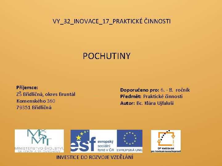 VY_32_INOVACE_17_PRAKTICKÉ ČINNOSTI POCHUTINY Příjemce: ZŠ Břidličná, okres Bruntál Komenského 360 79351 Břidličná Doporučeno pro: