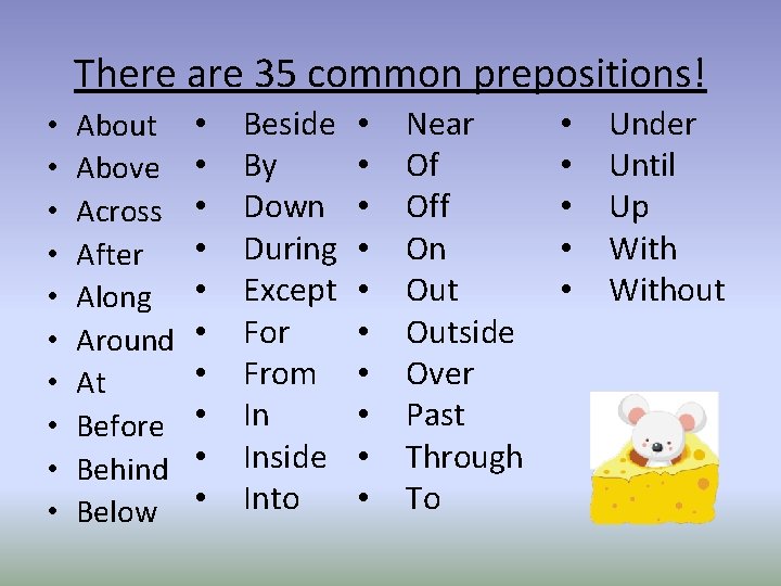 There are 35 common prepositions! • • • About Above Across After Along Around