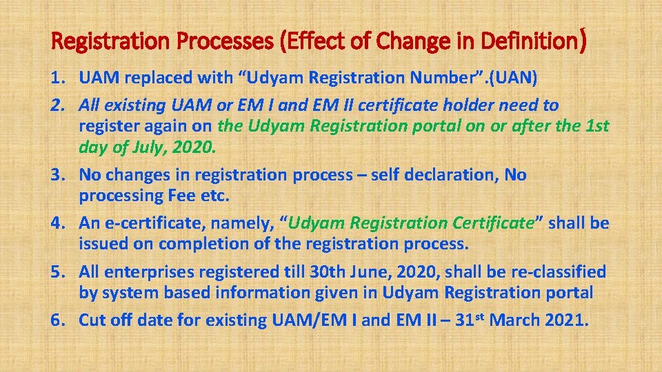 Registration Processes (Effect of Change in Definition) 1. UAM replaced with “Udyam Registration Number”.