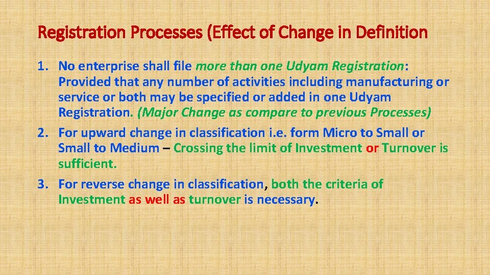 Registration Processes (Effect of Change in Definition 1. No enterprise shall file more than