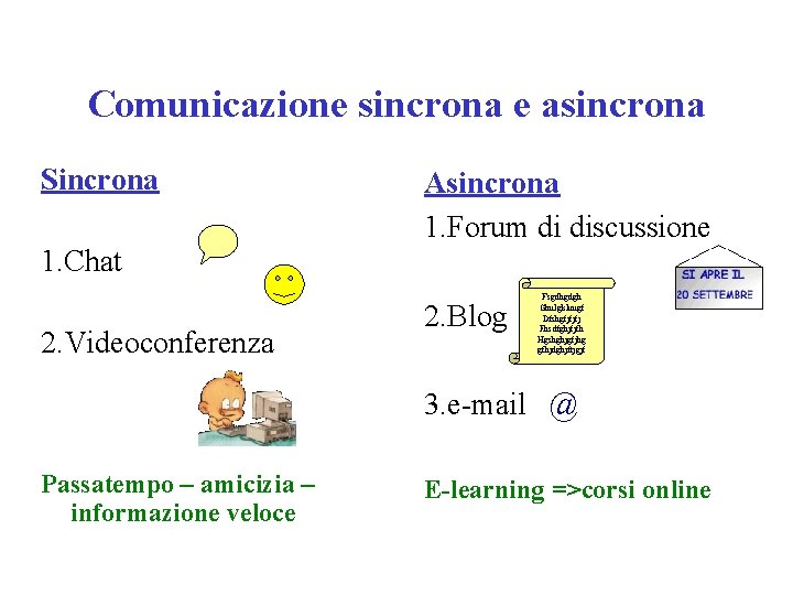 Comunicazione sincrona e asincrona Sincrona 1. Chat 2. Videoconferenza Asincrona 1. Forum di discussione