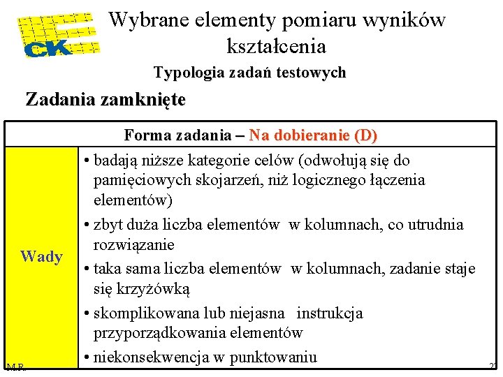 Wybrane elementy pomiaru wyników kształcenia Typologia zadań testowych Zadania zamknięte Wady M. R. Forma