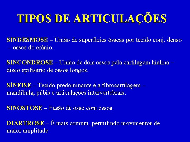 TIPOS DE ARTICULAÇÕES SINDESMOSE – União de superfícies ósseas por tecido conj. denso –