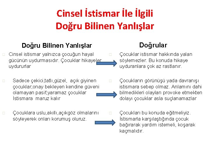 Cinsel İstismar İle İlgili Doğru Bilinen Yanlışlar q Cinsel istismar yalnızca çocuğun hayal gücünün