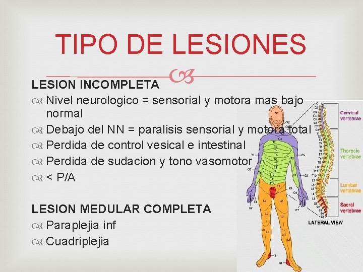 TIPO DE LESIONES LESION INCOMPLETA Nivel neurologico = sensorial y motora mas bajo normal