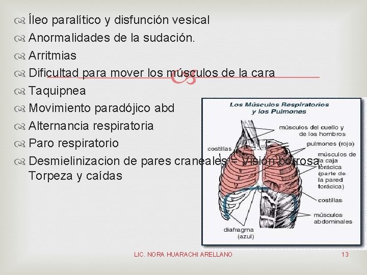  Íleo paralítico y disfunción vesical Anormalidades de la sudación. Arritmias Dificultad para mover