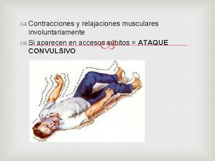  Contracciones y relajaciones musculares involuntariamente Si aparecen en accesos súbitos = ATAQUE CONVULSIVO