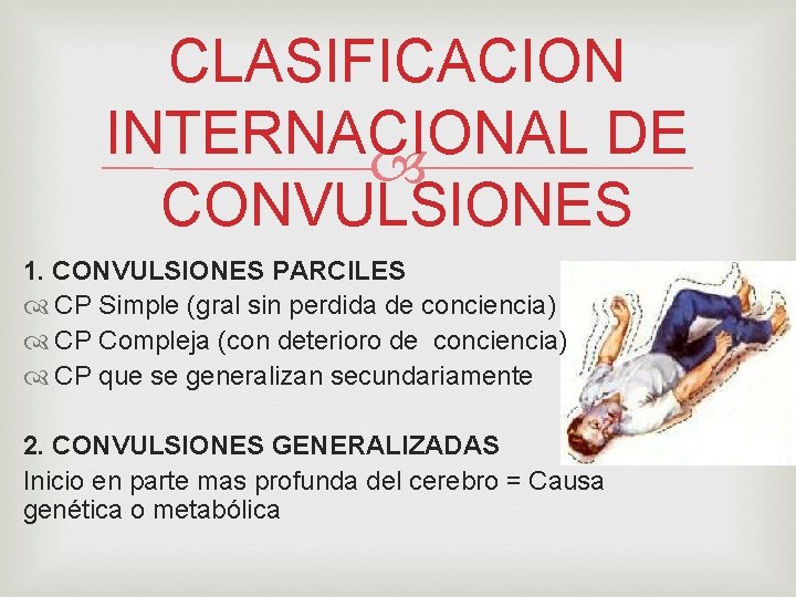 CLASIFICACION INTERNACIONAL DE CONVULSIONES 1. CONVULSIONES PARCILES CP Simple (gral sin perdida de conciencia)