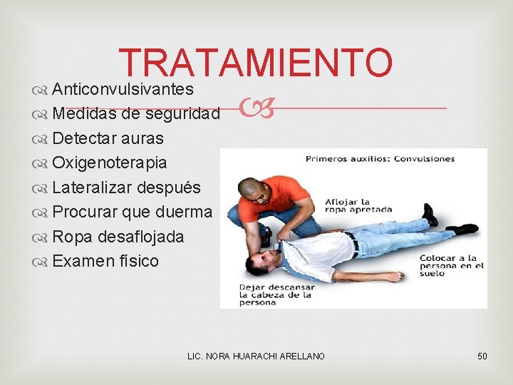 TRATAMIENTO Anticonvulsivantes Medidas de seguridad Detectar auras Oxigenoterapia Lateralizar después Procurar que duerma Ropa