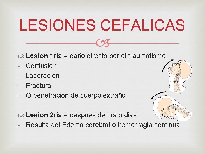 LESIONES CEFALICAS Lesion 1 ria = daño directo por el traumatismo - Contusion -