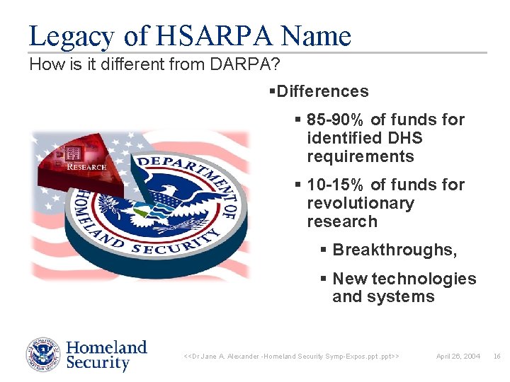 Legacy of HSARPA Name How is it different from DARPA? §Differences § 85 -90%