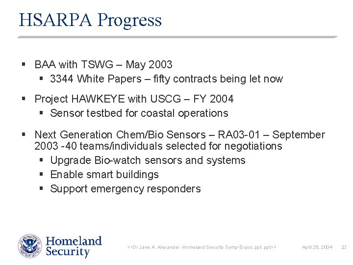 HSARPA Progress § BAA with TSWG – May 2003 § 3344 White Papers –