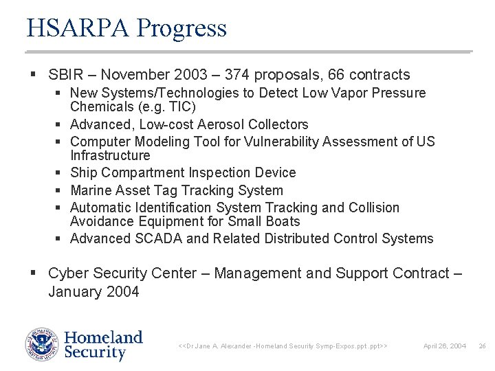 HSARPA Progress § SBIR – November 2003 – 374 proposals, 66 contracts § New