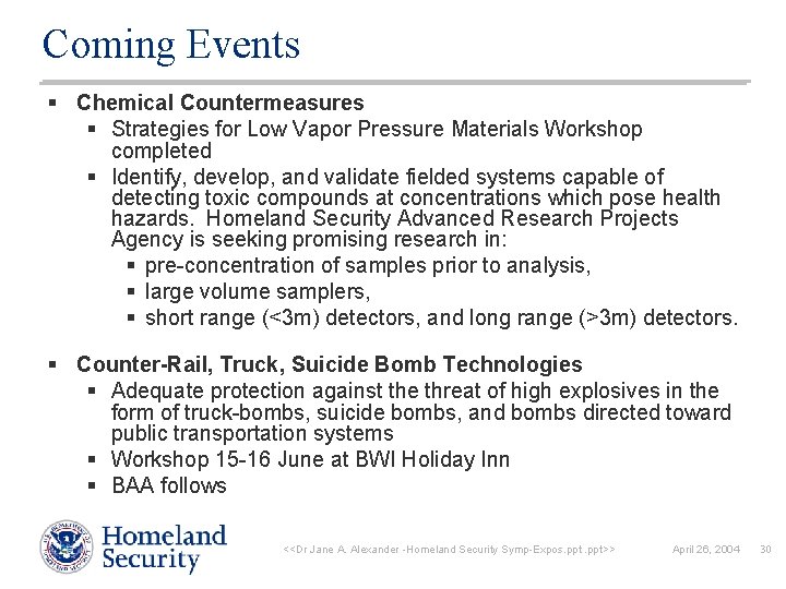 Coming Events § Chemical Countermeasures § Strategies for Low Vapor Pressure Materials Workshop completed