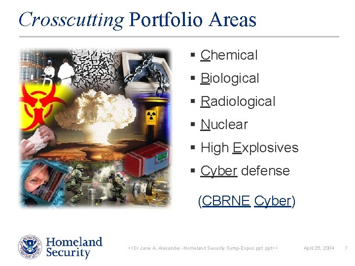 Crosscutting Portfolio Areas § Chemical § Biological § Radiological § Nuclear § High Explosives