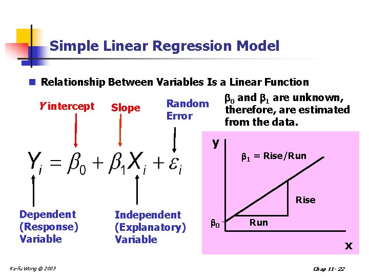 Simple Linear Regression Model n Relationship Between Variables Is a Linear Function 0 and