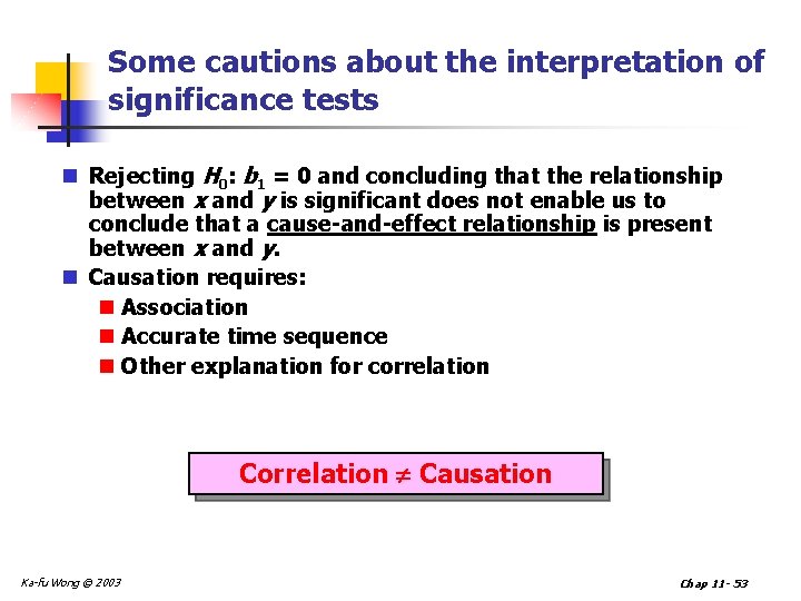 Some cautions about the interpretation of significance tests n Rejecting H 0: b 1