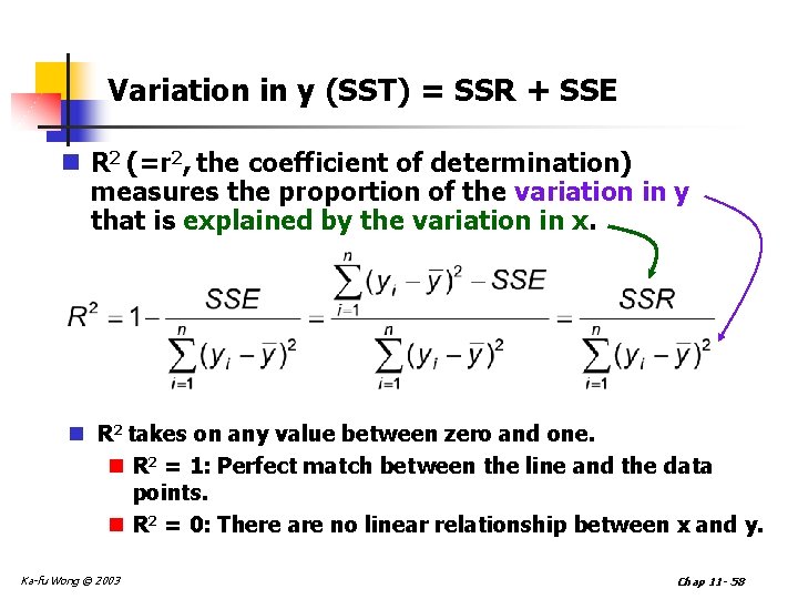 Variation in y (SST) = SSR + SSE n R 2 (=r 2, the