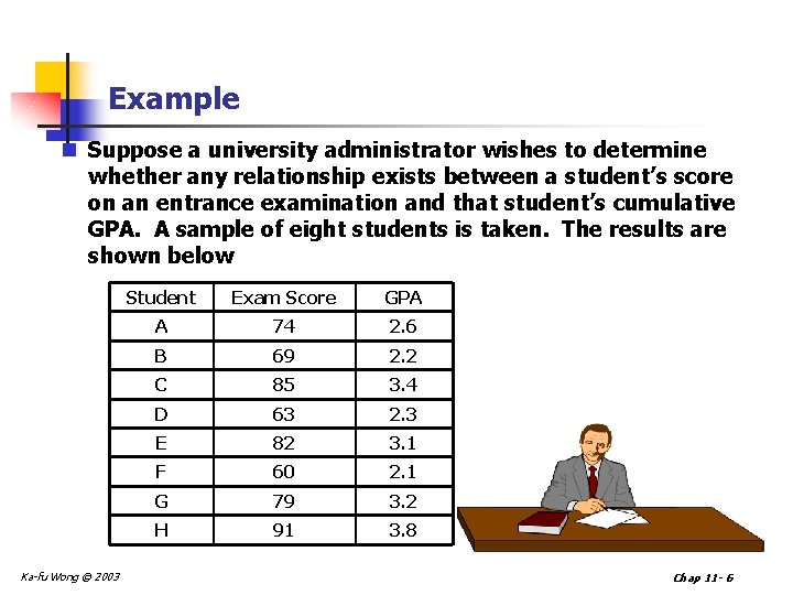 Example n Suppose a university administrator wishes to determine whether any relationship exists between