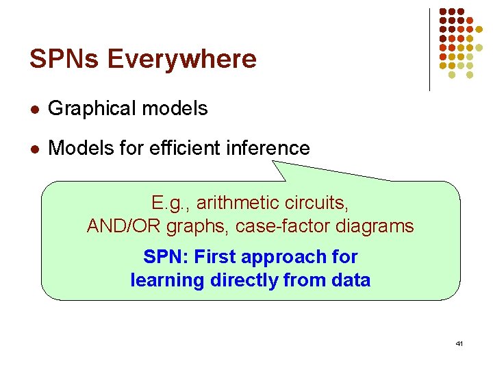 SPNs Everywhere l Graphical models l Models for efficient inference E. g. , arithmetic