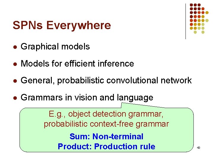 SPNs Everywhere l Graphical models l Models for efficient inference l General, probabilistic convolutional