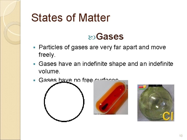 States of Matter Gases Particles of gases are very far apart and move freely.