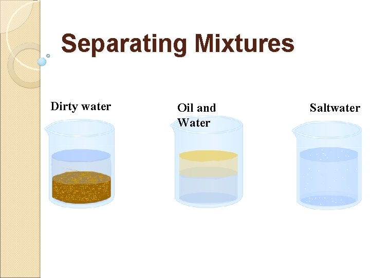 Separating Mixtures Dirty water Oil and Water Saltwater 
