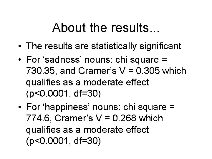 About the results. . . • The results are statistically significant • For ‘sadness’