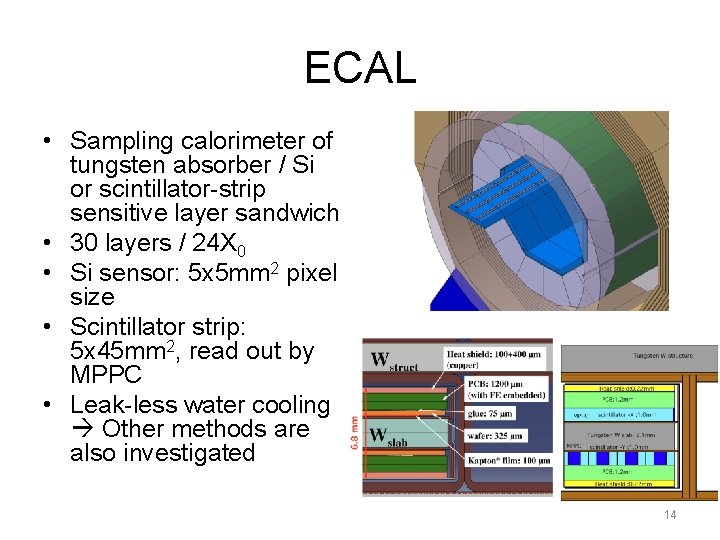 ECAL • Sampling calorimeter of tungsten absorber / Si or scintillator-strip sensitive layer sandwich