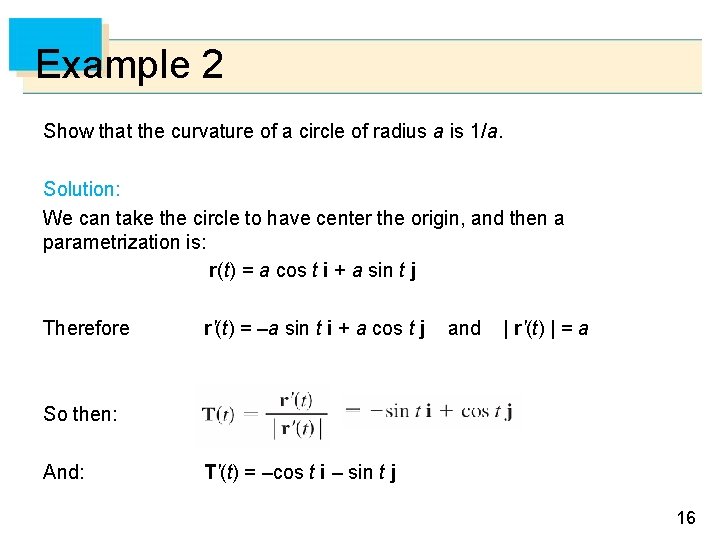 Example 2 Show that the curvature of a circle of radius a is 1/a.