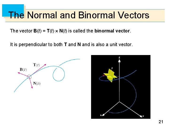 The Normal and Binormal Vectors The vector B(t) = T(t) N(t) is called the