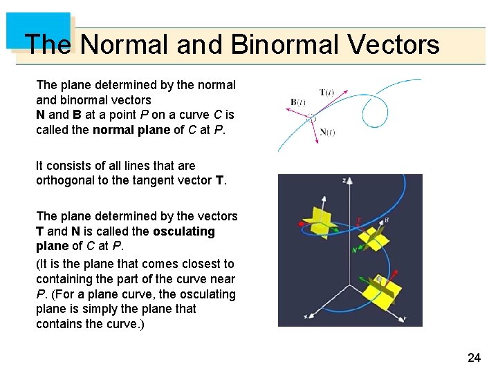 The Normal and Binormal Vectors The plane determined by the normal and binormal vectors