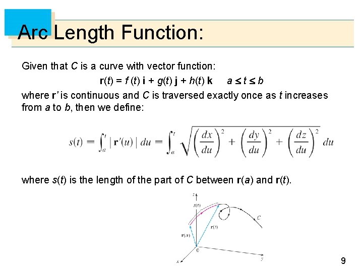 Arc Length Function: Given that C is a curve with vector function: r(t) =