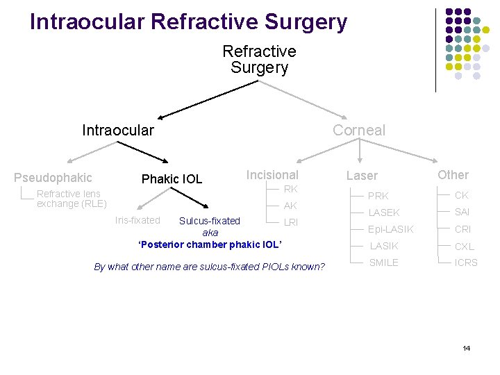 Intraocular Refractive Surgery Intraocular Pseudophakic Phakic IOL Refractive lens exchange (RLE) Corneal Incisional RK