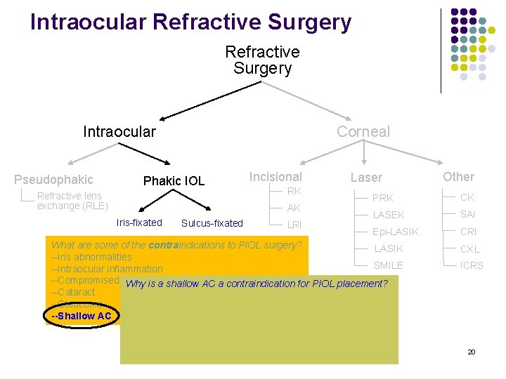 Intraocular Refractive Surgery Intraocular Pseudophakic Corneal Phakic IOL Refractive lens exchange (RLE) Incisional RK