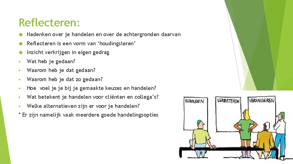 Reflecteren: Nadenken over je handelen en over de achtergronden daarvan Reflecteren is een vorm